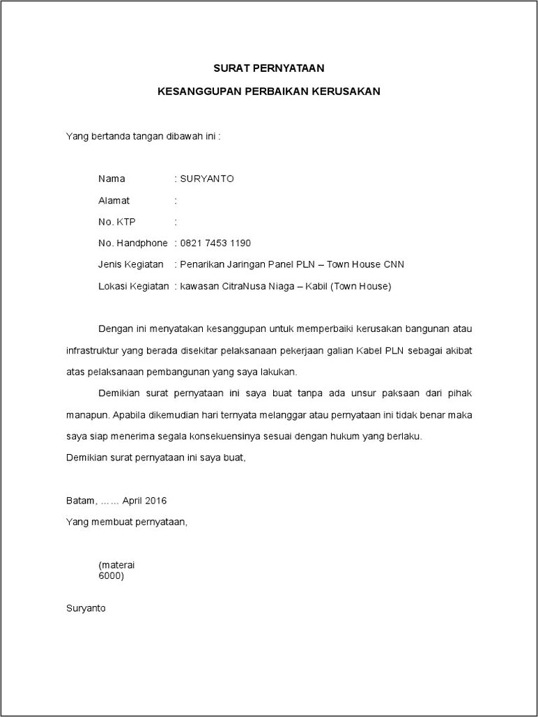 Contoh Surat Keterangan Pernbaikan