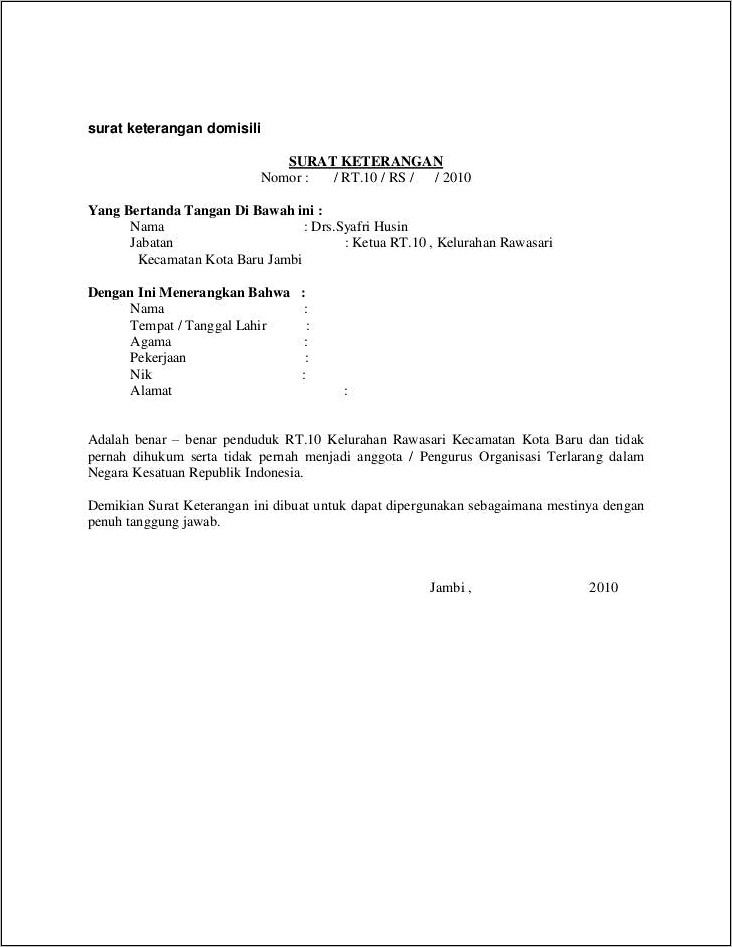 Contoh Surat Keterangan Pindah Domisili Dari Kelurahan Dari Rt