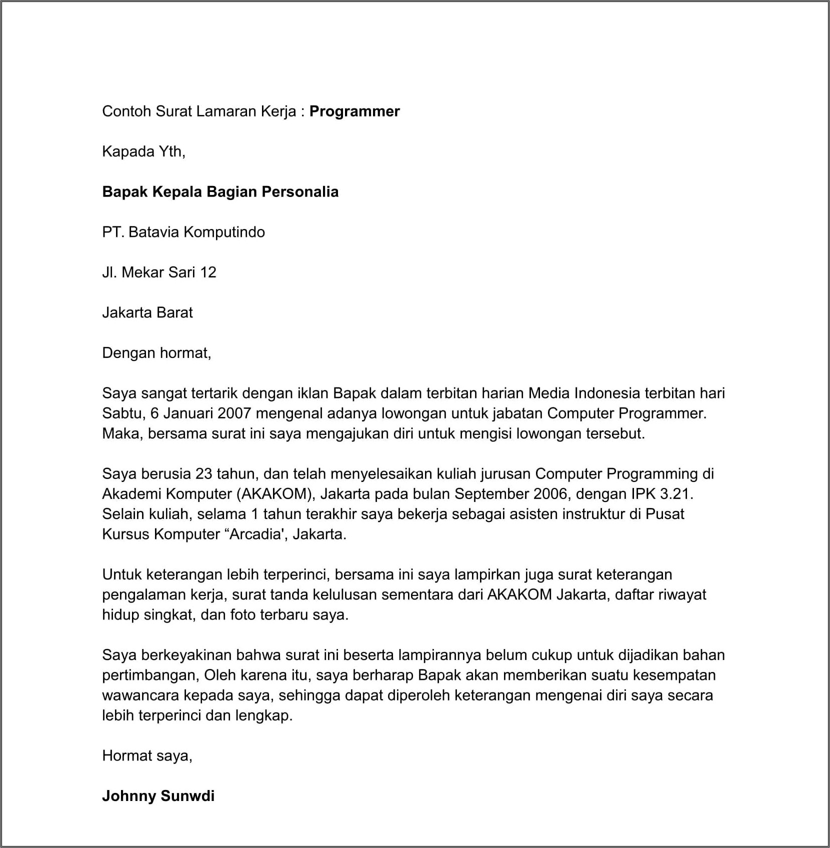 Contoh Surat Keterangan Programer