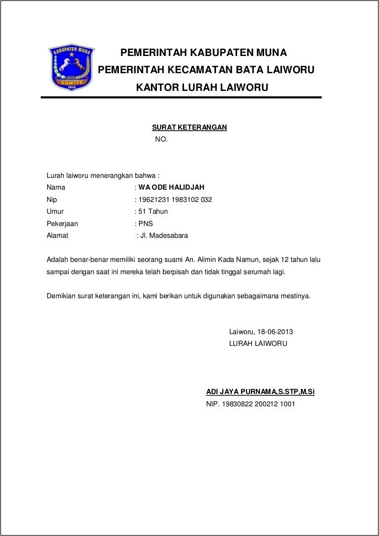 Contoh Surat Keterangan Surat Cerai