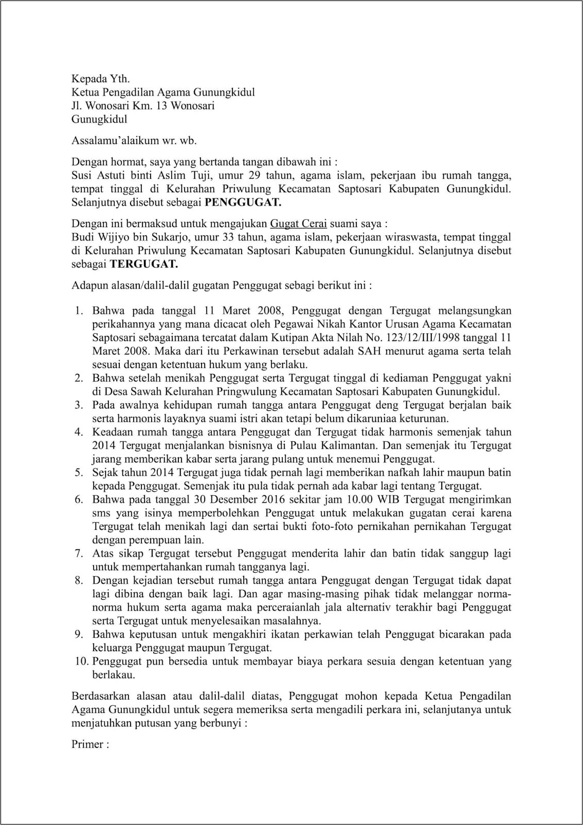 Contoh Surat Keterangan Talaq