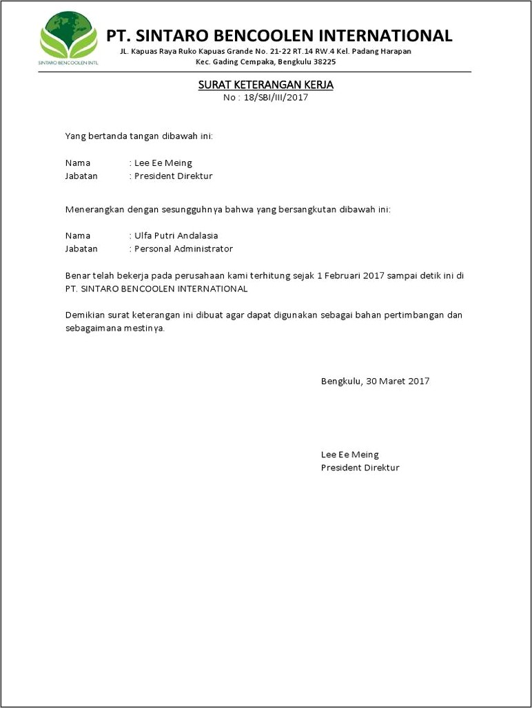 Contoh Surat Keterangan Telahbekerja