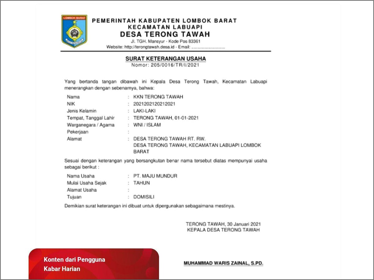 Contoh Surat Keterangan Usaha Dari Camat