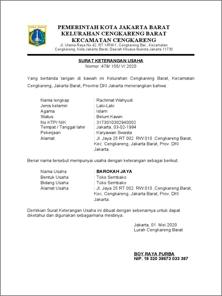 Contoh Surat Keterangan Usaha Dari Kelurahan Cipayung Jakarta Timur