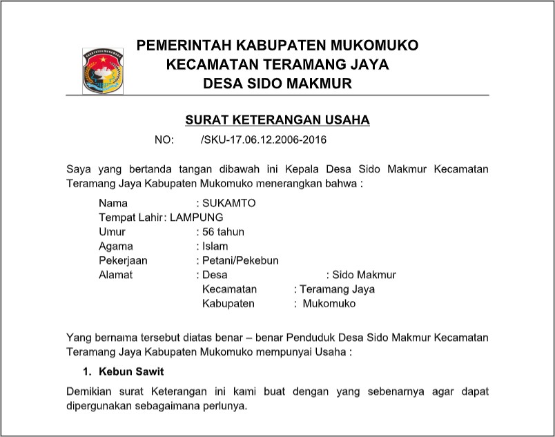 Contoh Surat Keterangan Usaha Kec Kaliurang