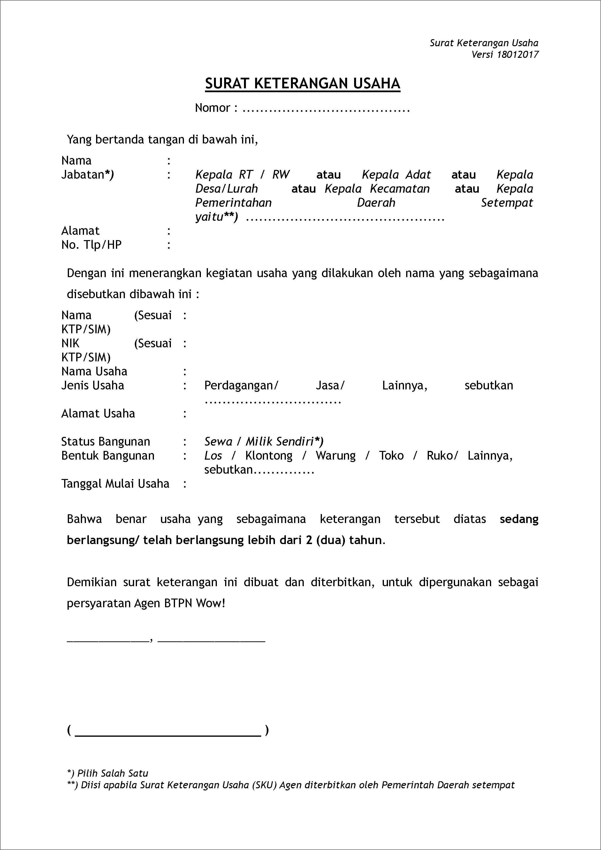 Contoh Surat Keterangan Usaha Kur Bri