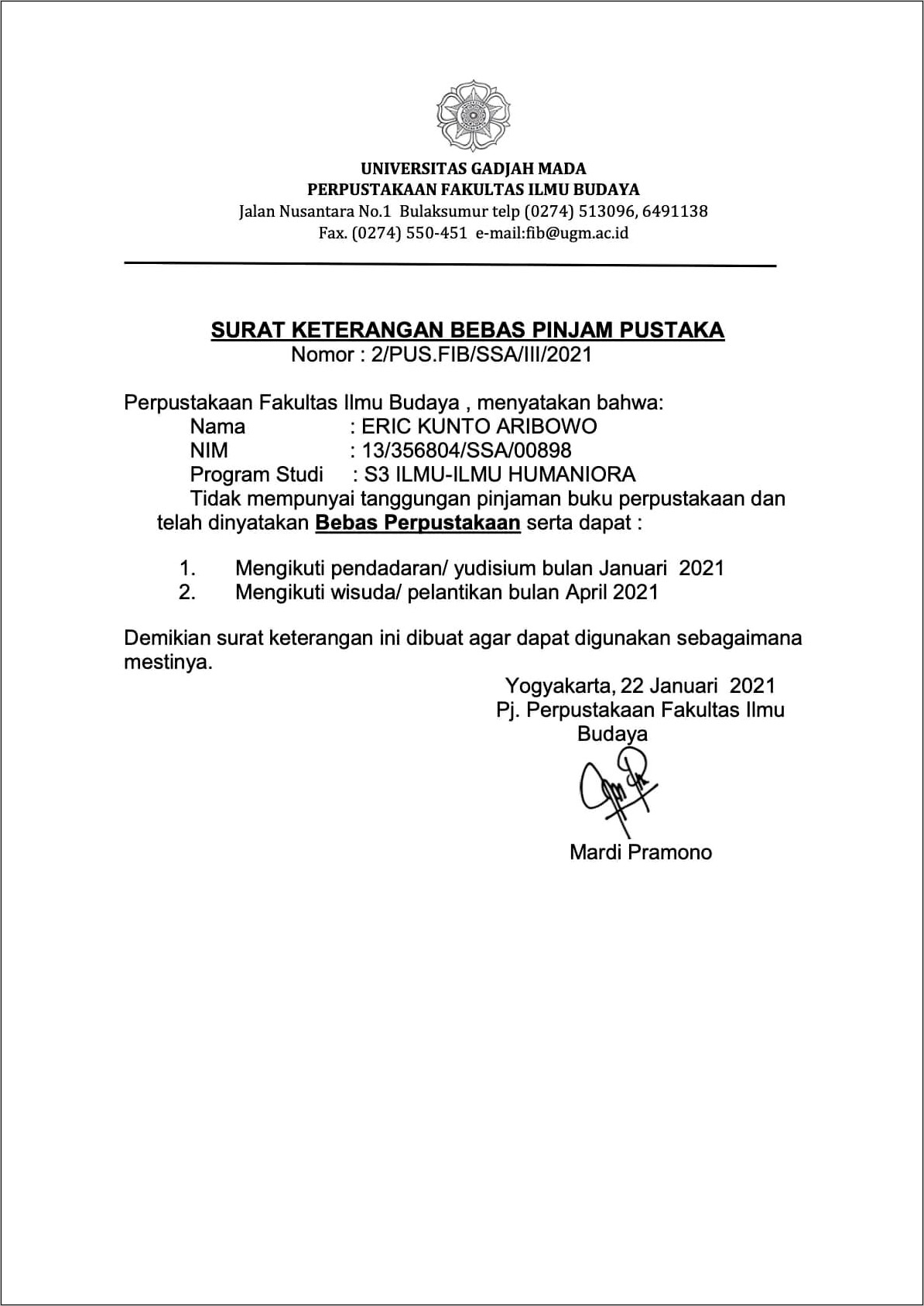 Contoh Surat Keterangan Yudisium Ugm