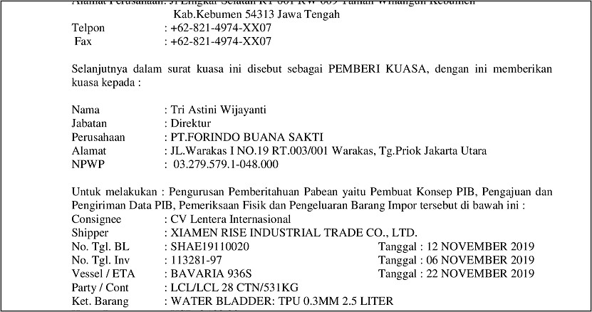 Contoh Surat Kuasa Permohonan Pabean