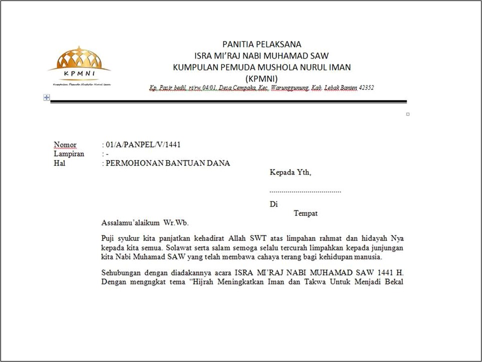 Contoh Surat Pengajuan Permohonan Bantuan Dana Ke Pbf