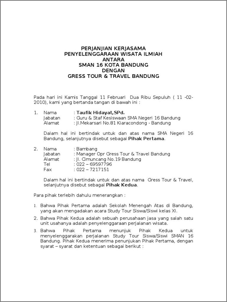 Contoh Surat Perjanjian Cv