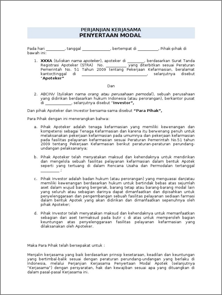 Contoh Surat Perjanjian Fasilitas