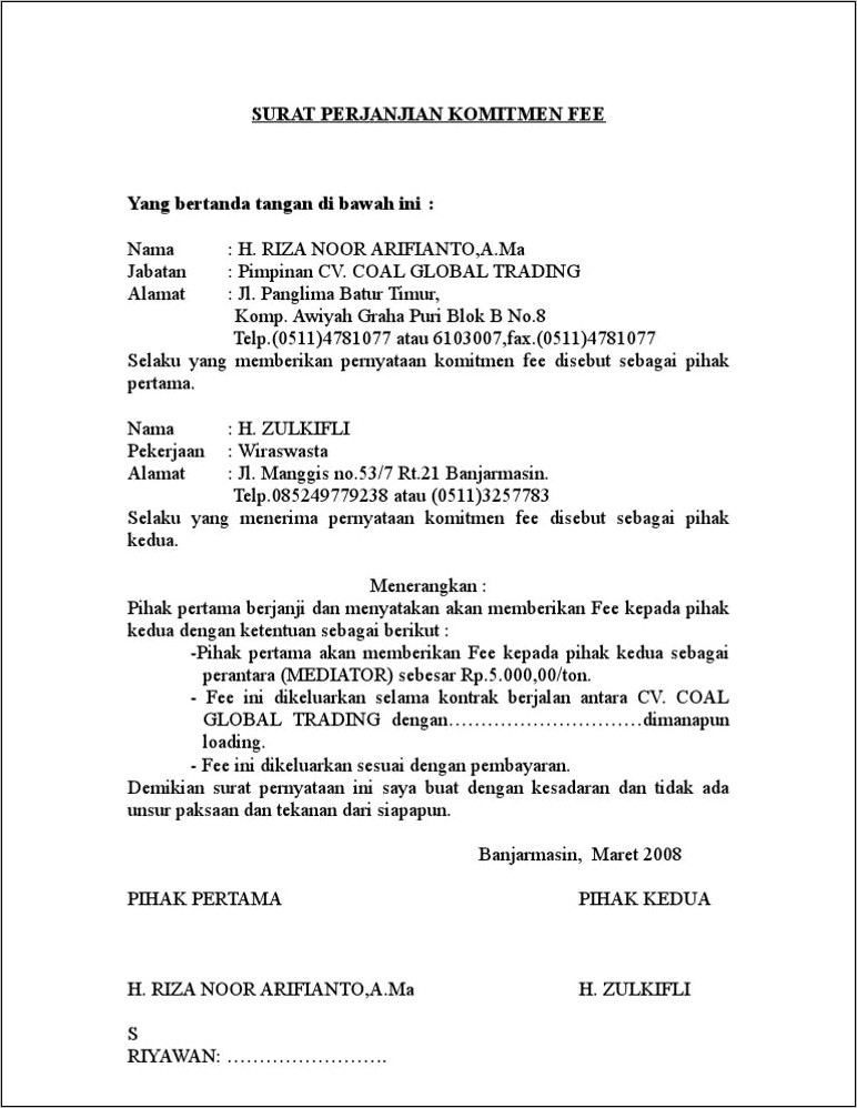 Contoh Surat Perjanjian Fee Mediator Batubara