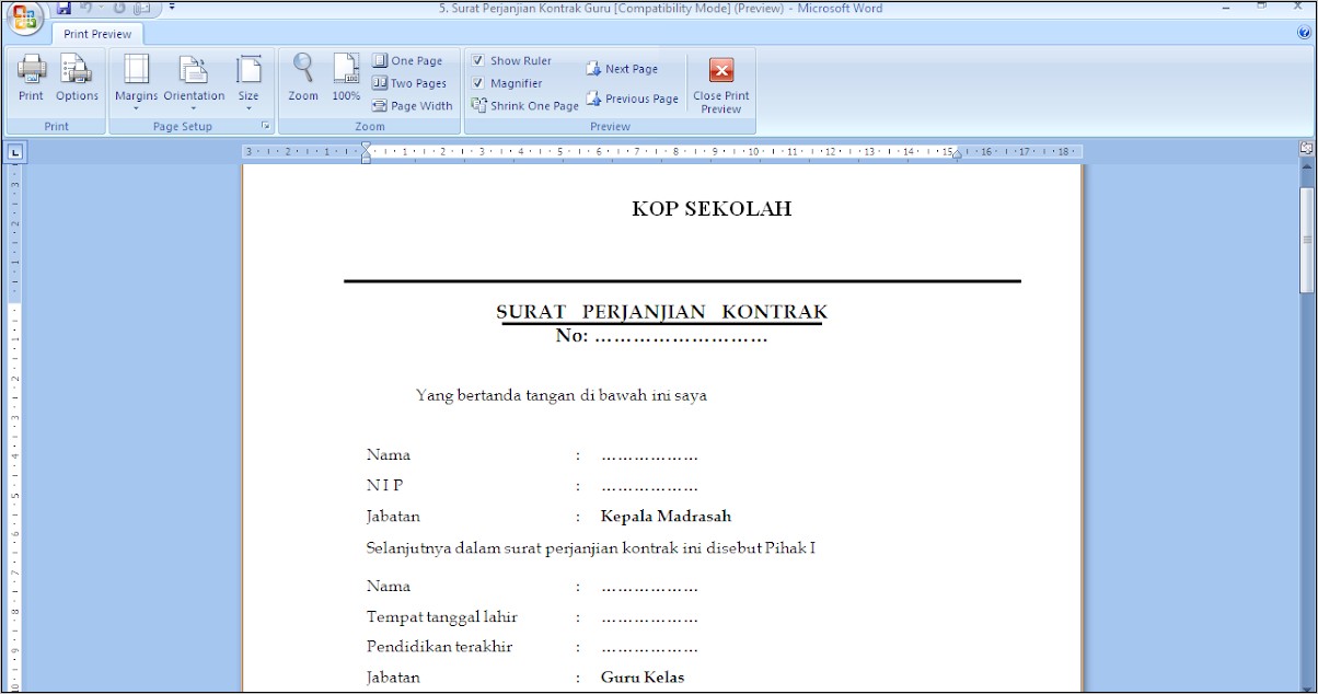 Contoh Surat Perjanjian Guru Ekstra