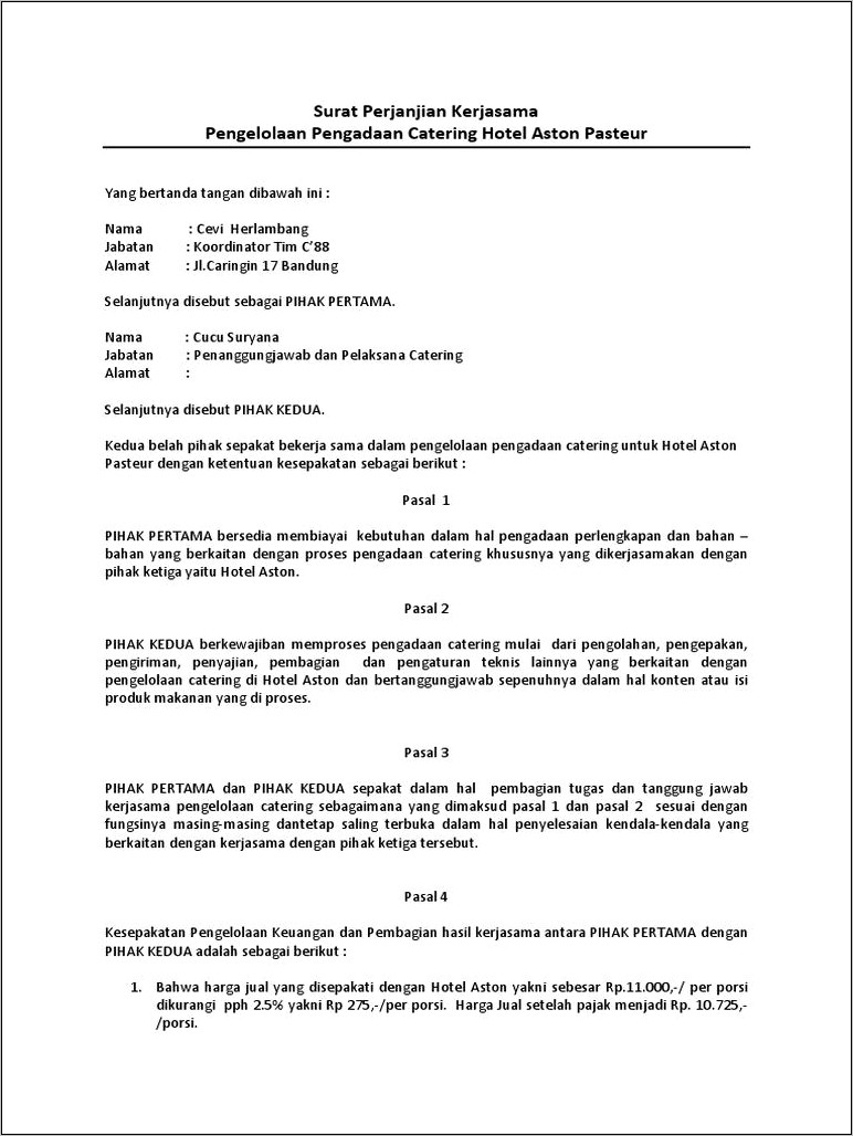 Contoh Surat Perjanjian Jasa Catering