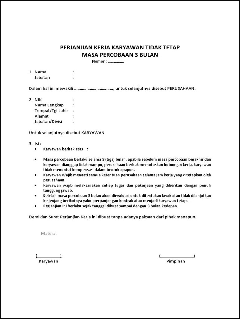 Contoh Surat Perjanjian Karyawan Dan Perusahaan