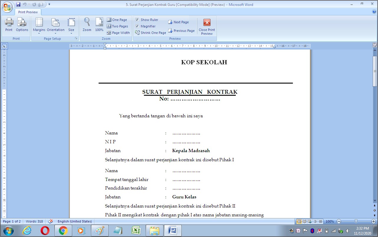 Contoh Surat Perjanjian Kerja Sebagai Guru