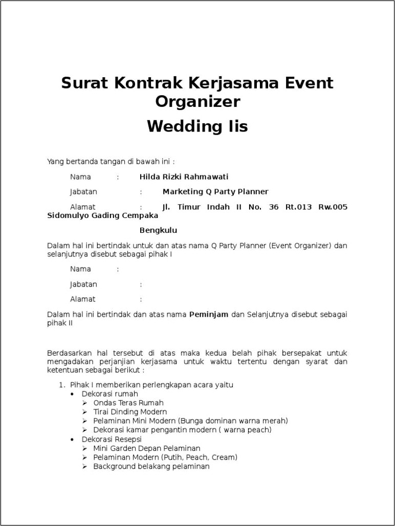 Contoh Surat Perjanjian Kerjasama Tempat Dan Wedding Organizer