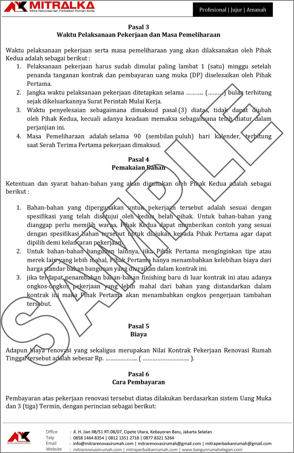 Contoh Surat Perjanjian Kontrak Borongan Doc