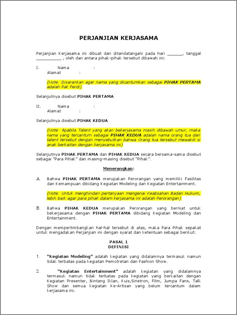 Contoh Surat Perjanjian Kontrak Film