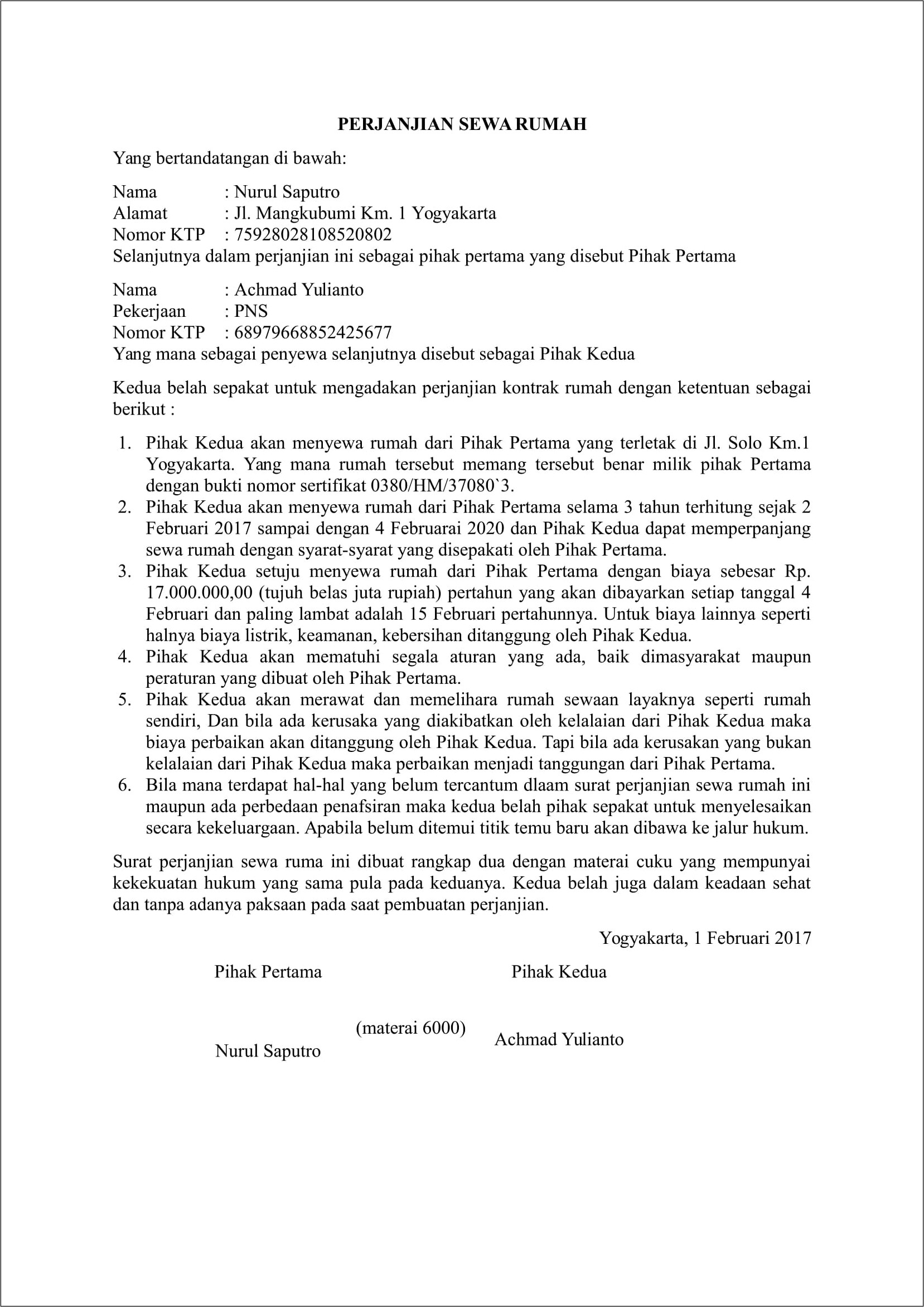 Contoh Surat Perjanjian Kontrak Rumah Toko Doc