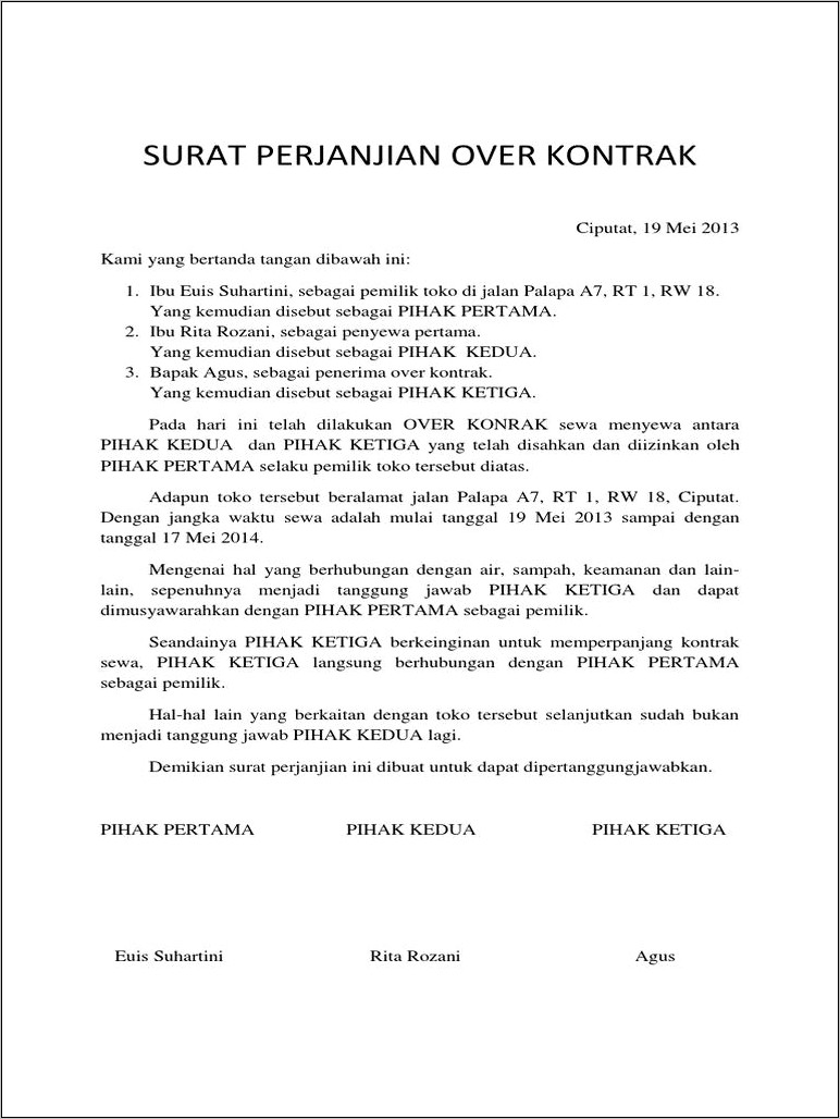 Contoh Surat Perjanjian Kontrak Toko Singkat