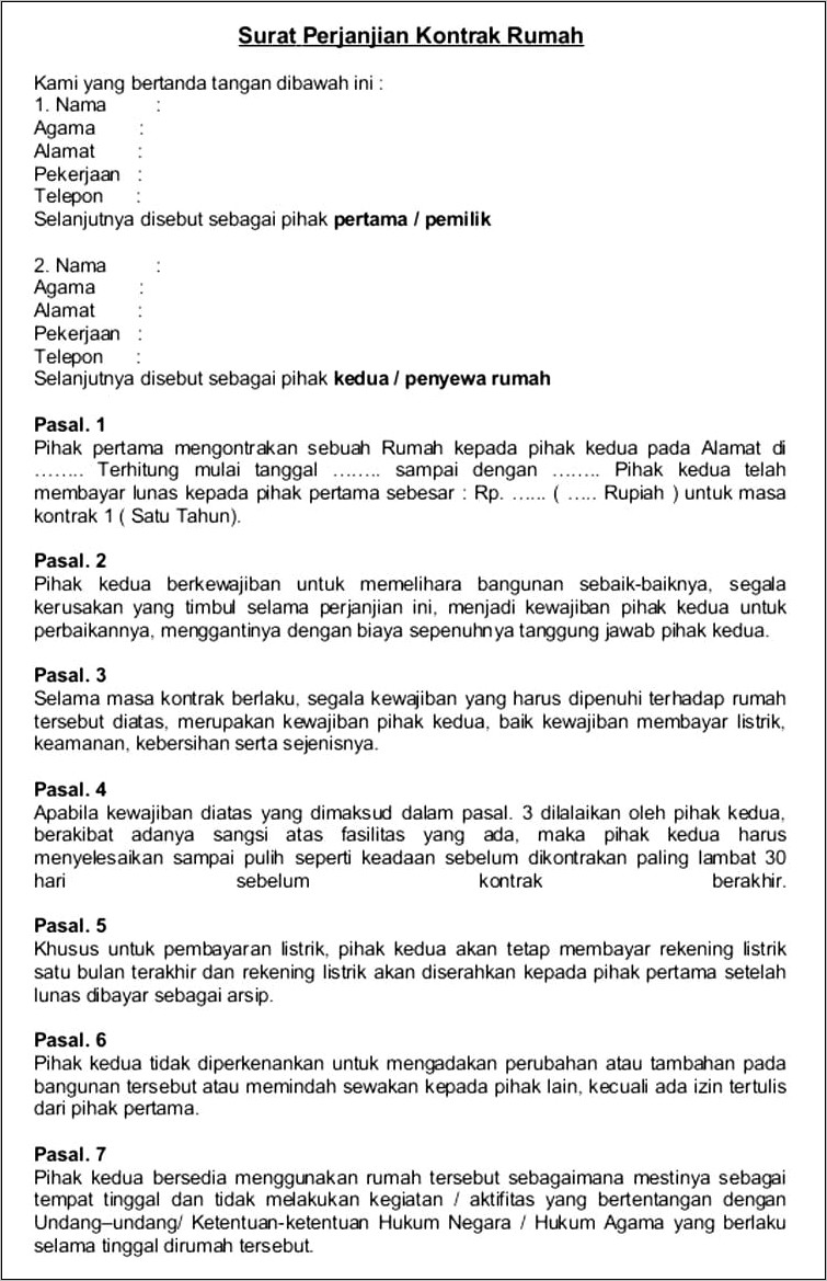 Contoh Surat Perjanjian Kontrak