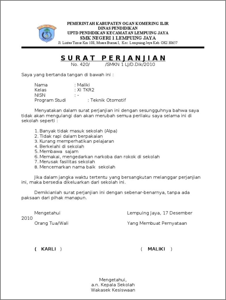 Contoh Surat Perjanjian Mengeajar