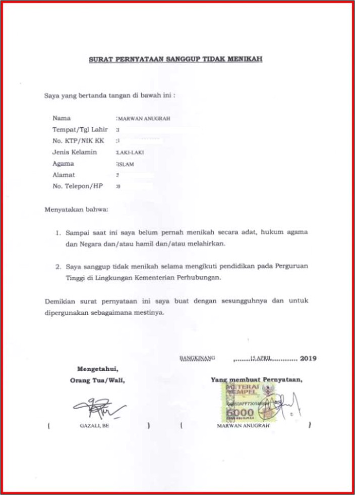 Contoh Surat Perjanjian Pajak Kawin