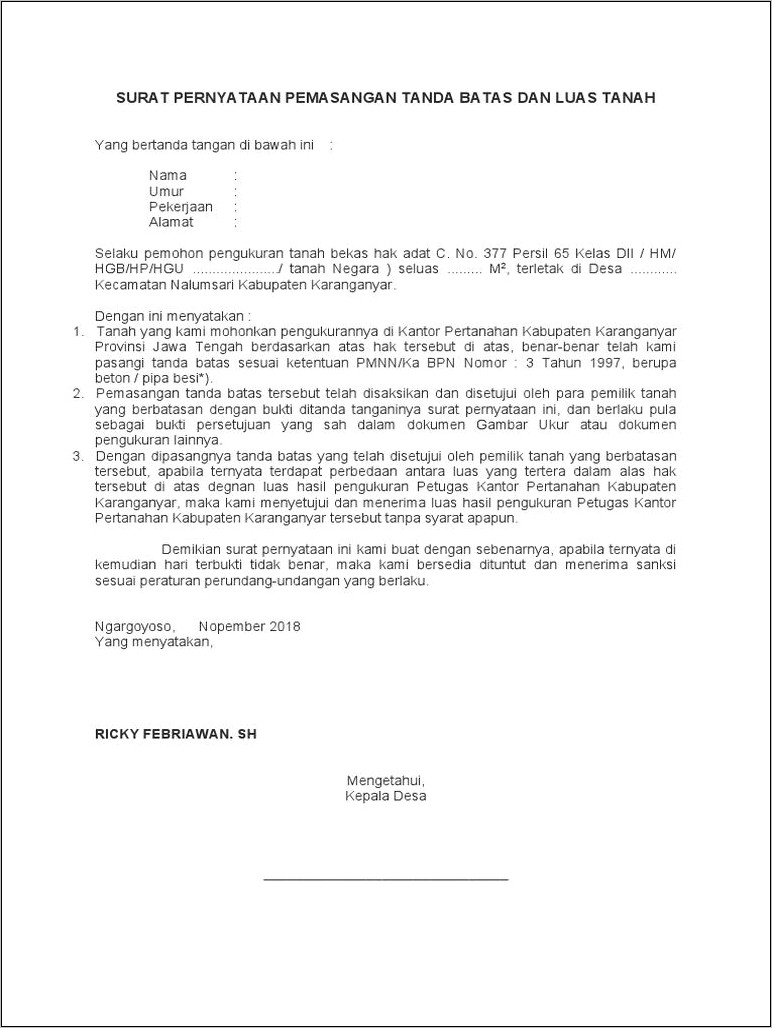 Contoh Surat Perjanjian Pemasangan Rtrw