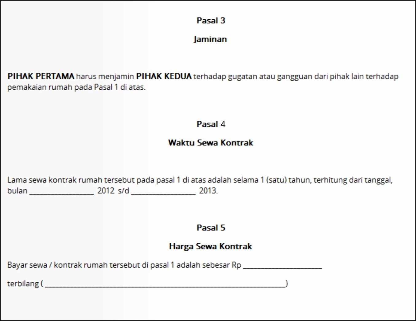 Contoh Surat Perjanjian Pengontrakan