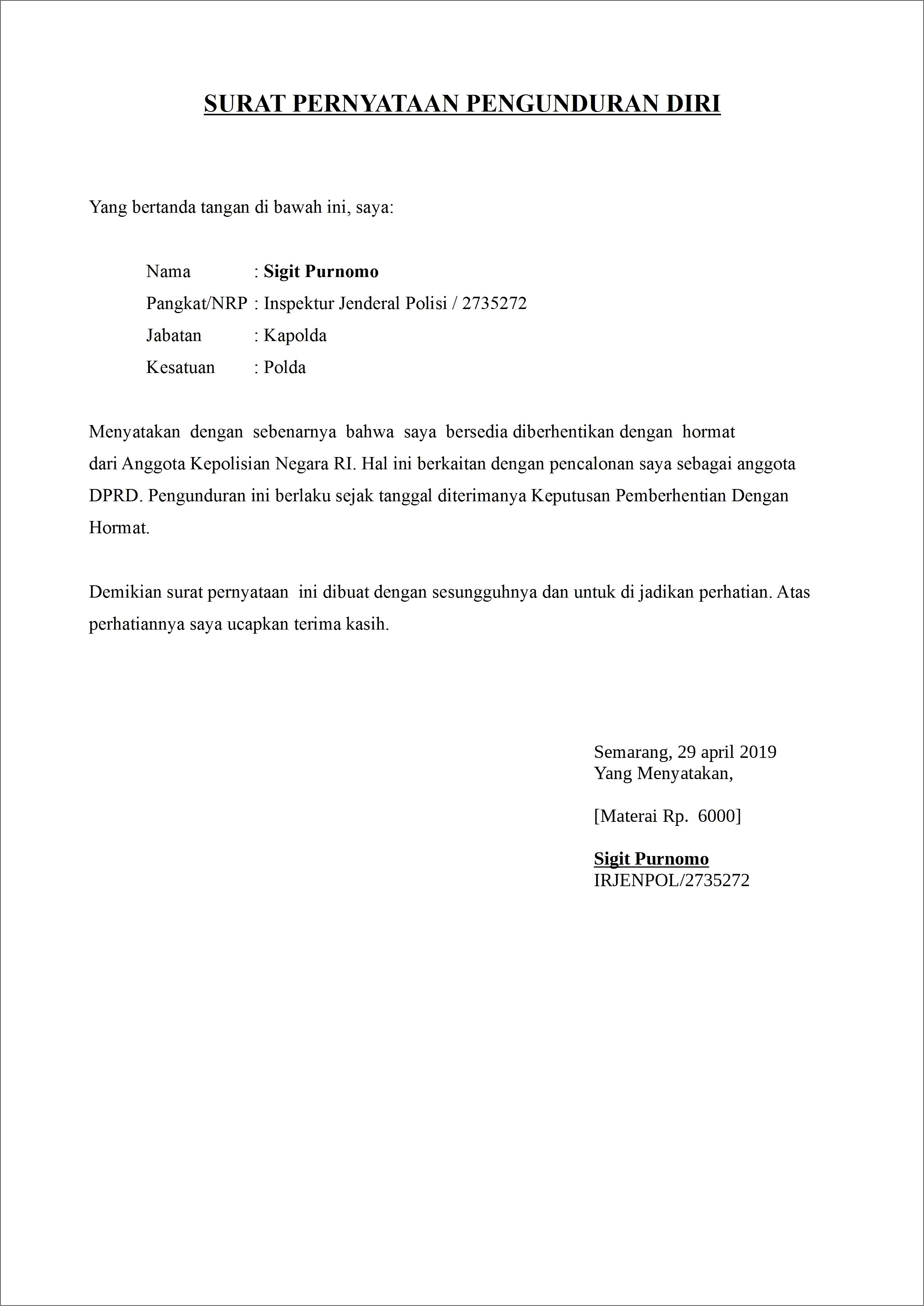 Contoh Surat Perjanjian Pengunduran Diri