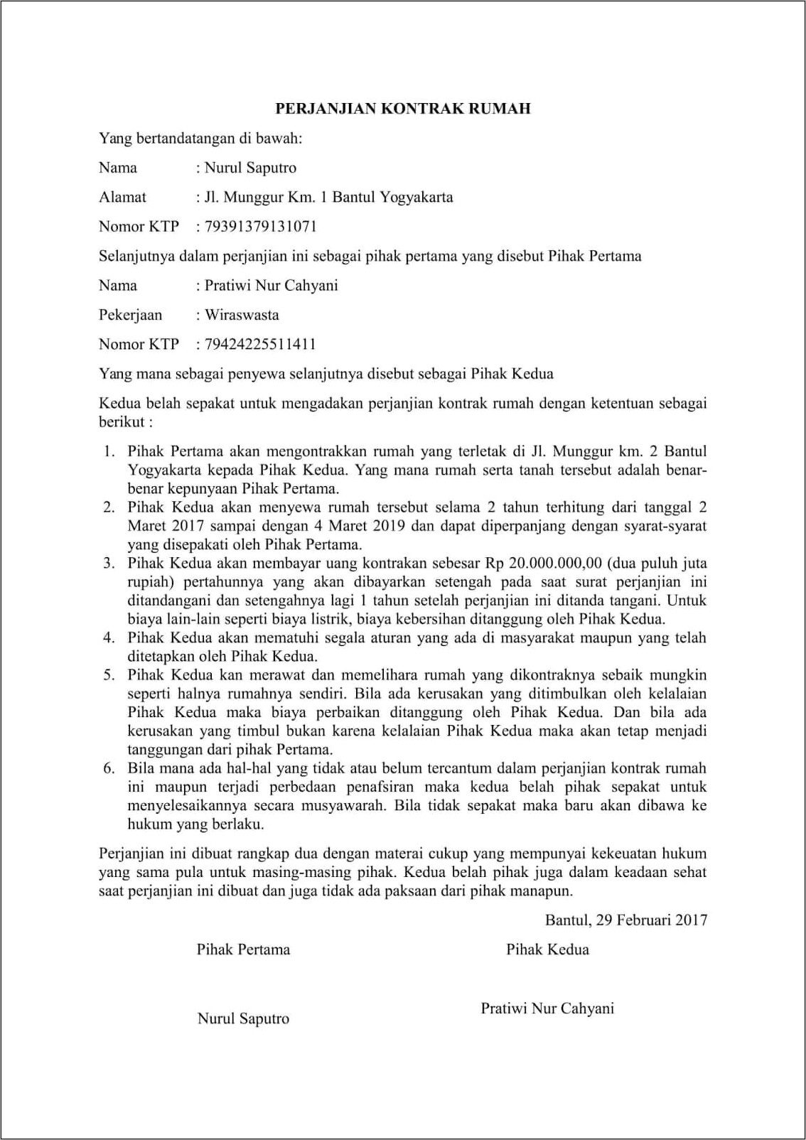 Contoh Surat Perjanjian Penyewaan Bungalow