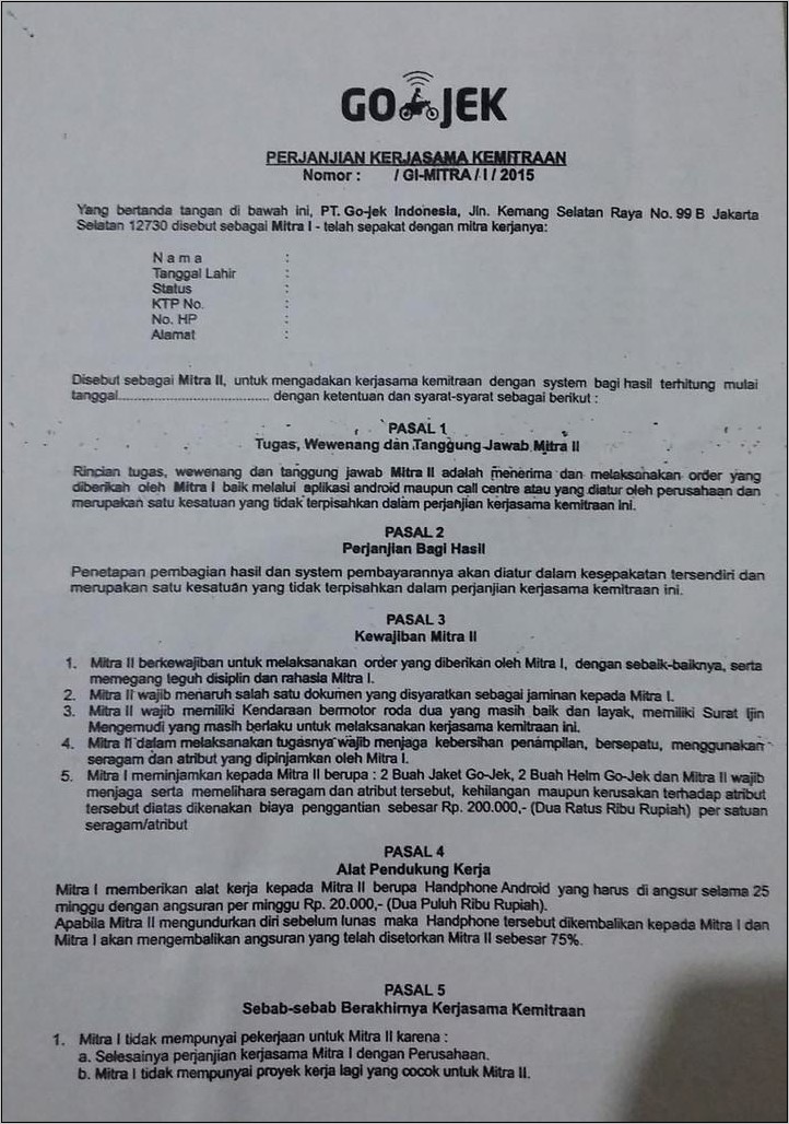 Contoh Surat Perjanjian Pola Kemitraan Gojek