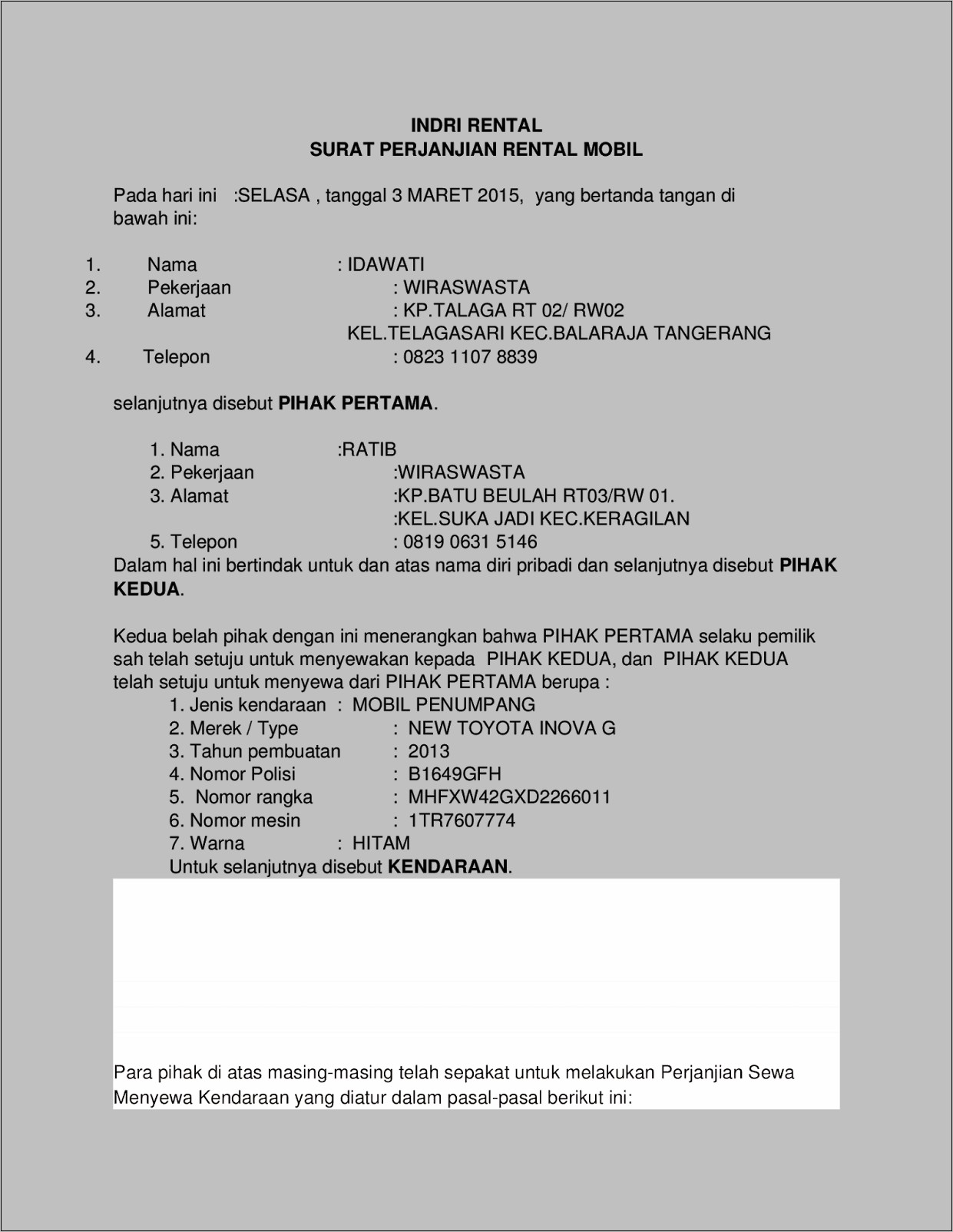 Contoh Surat Perjanjian Rental Mobil Bermaterai Kepala Surat Rm