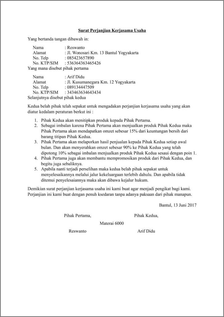 Contoh Surat Perjanjian Reservasi Restoran