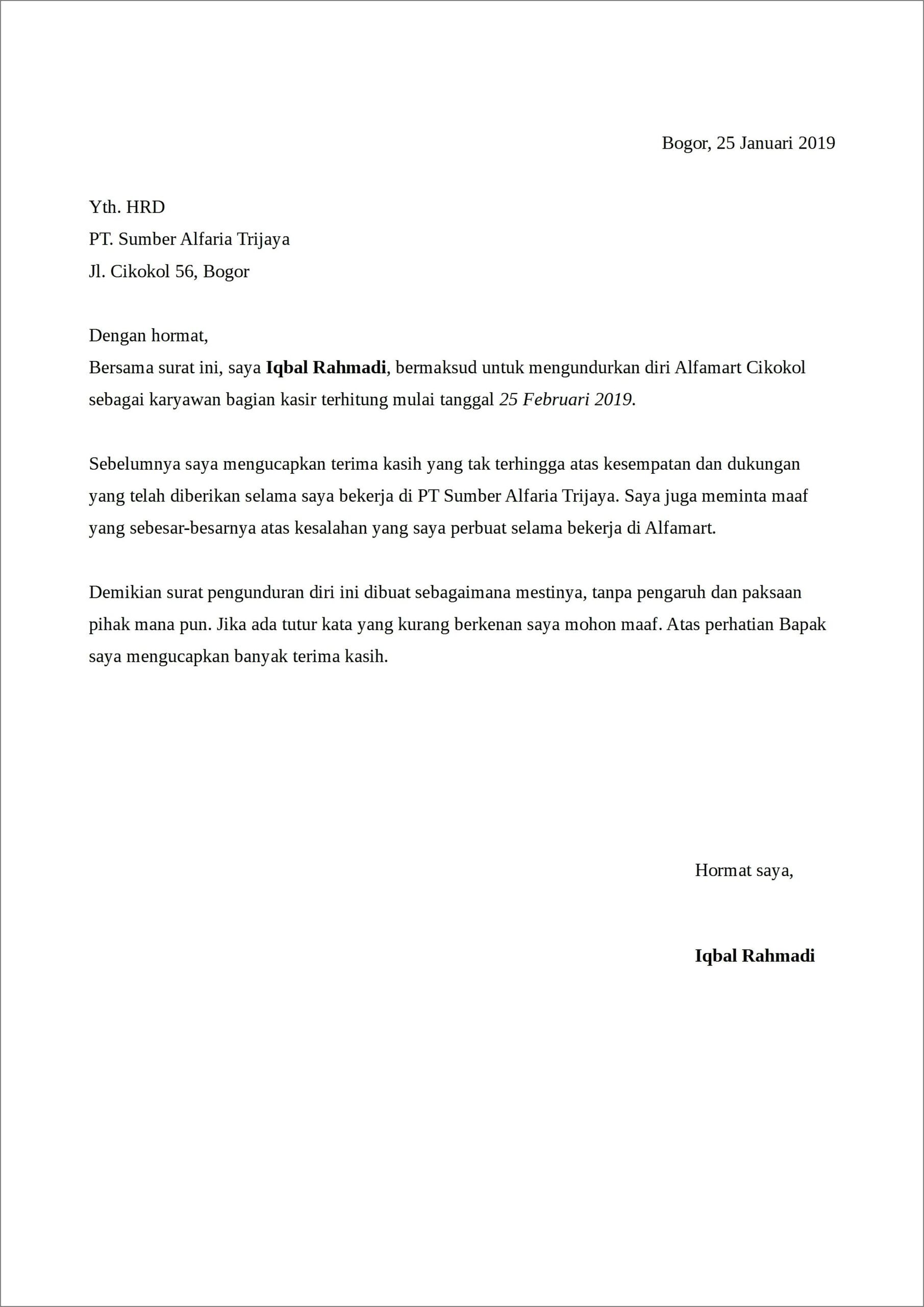 Contoh Surat Perjanjian Resign