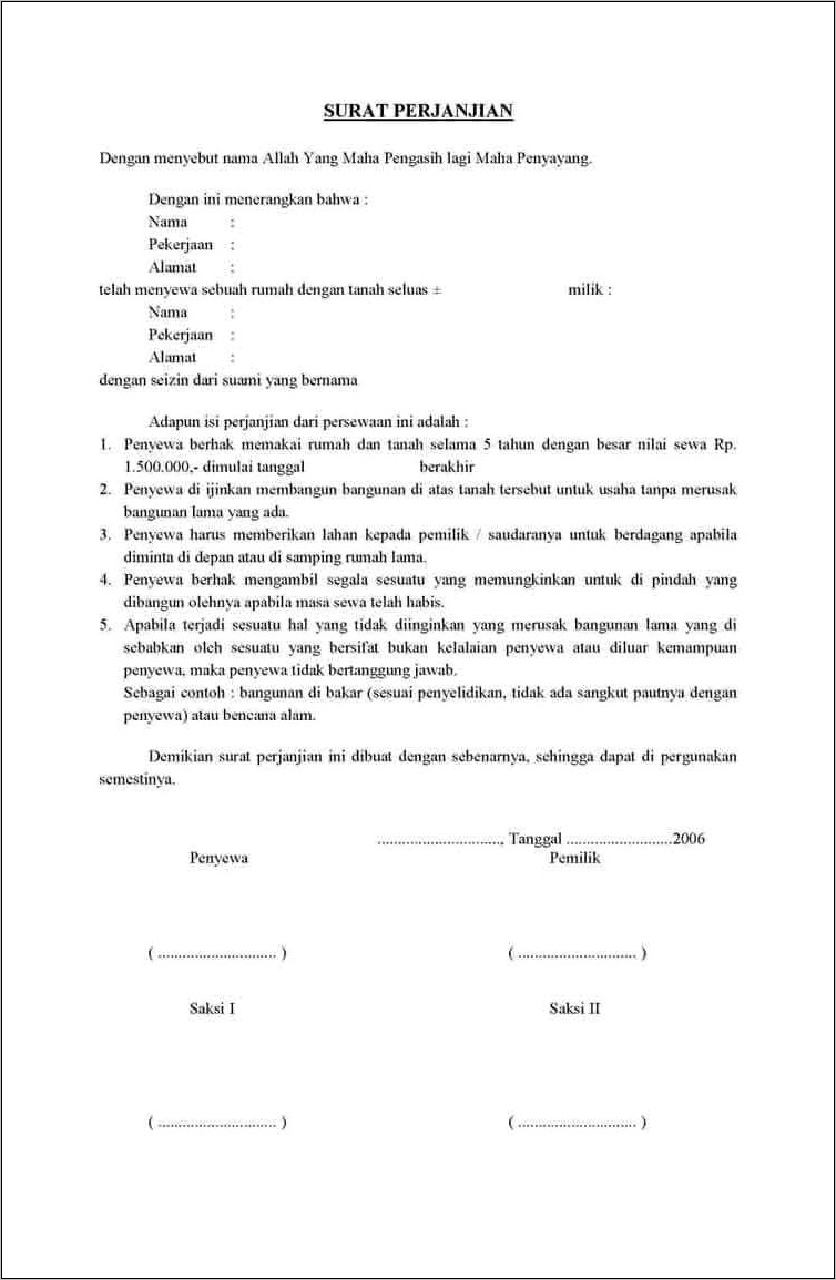 Contoh Surat Perjanjian Rumah Kontrakan Doc