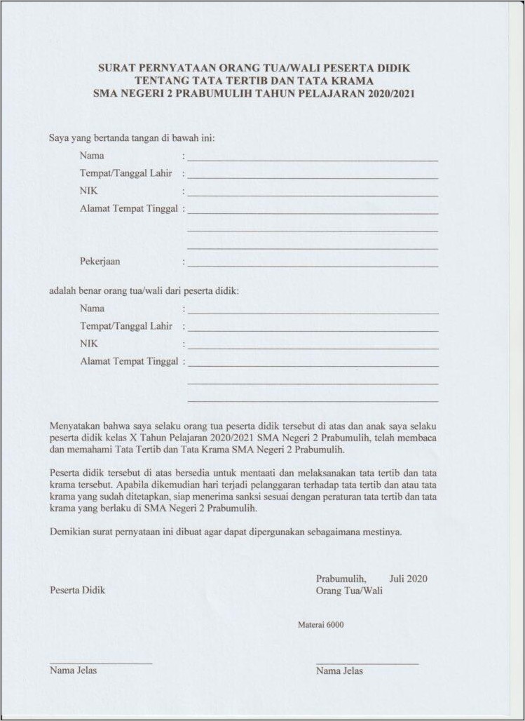 Contoh Surat Perjanjian Orang Tua Siswa Surat Permohonan Desain Images