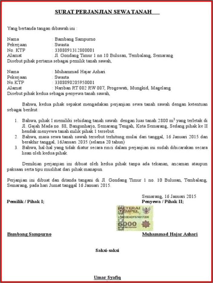 Contoh Surat Perjanjian Sewa Kontrak