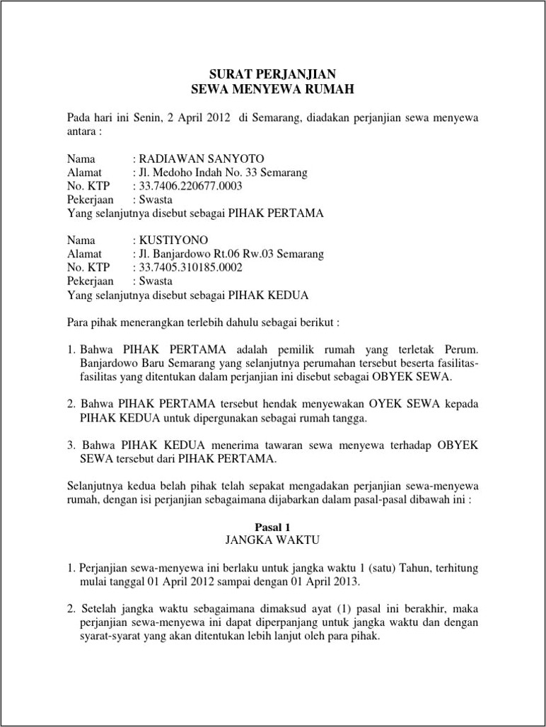 Contoh Surat Perjanjian Sewa Menyewa Barang Terbaru