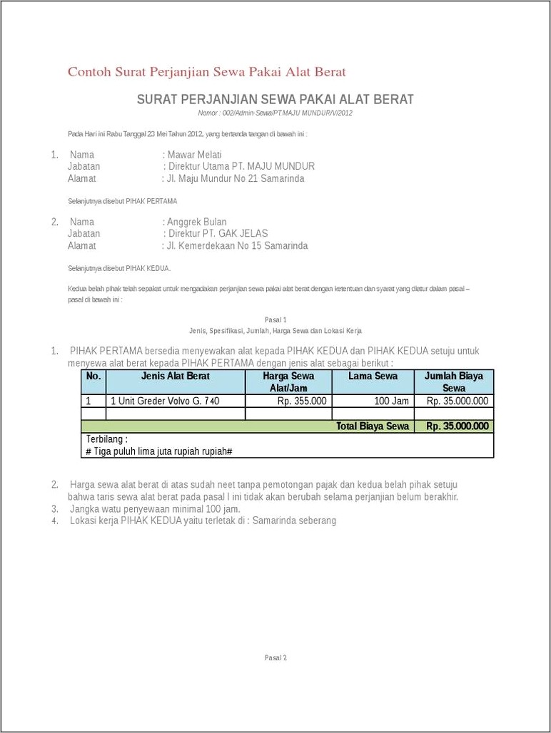 Contoh Surat Perjanjian Sewa Tempat Usaha Minimal 2 Tahun