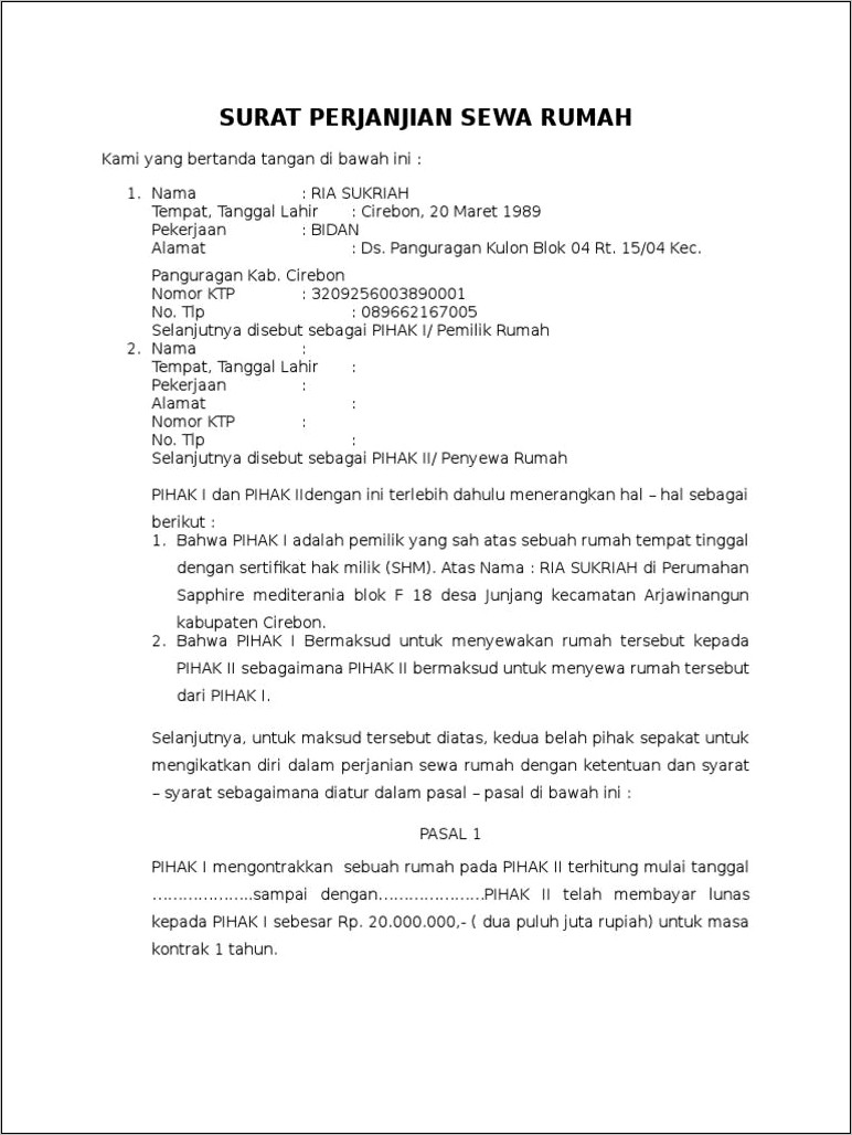 Contoh Surat Perjanjian Surat Kontrak Rumah