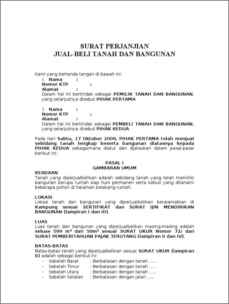 Contoh Surat Perjanjian Tentang Rumah