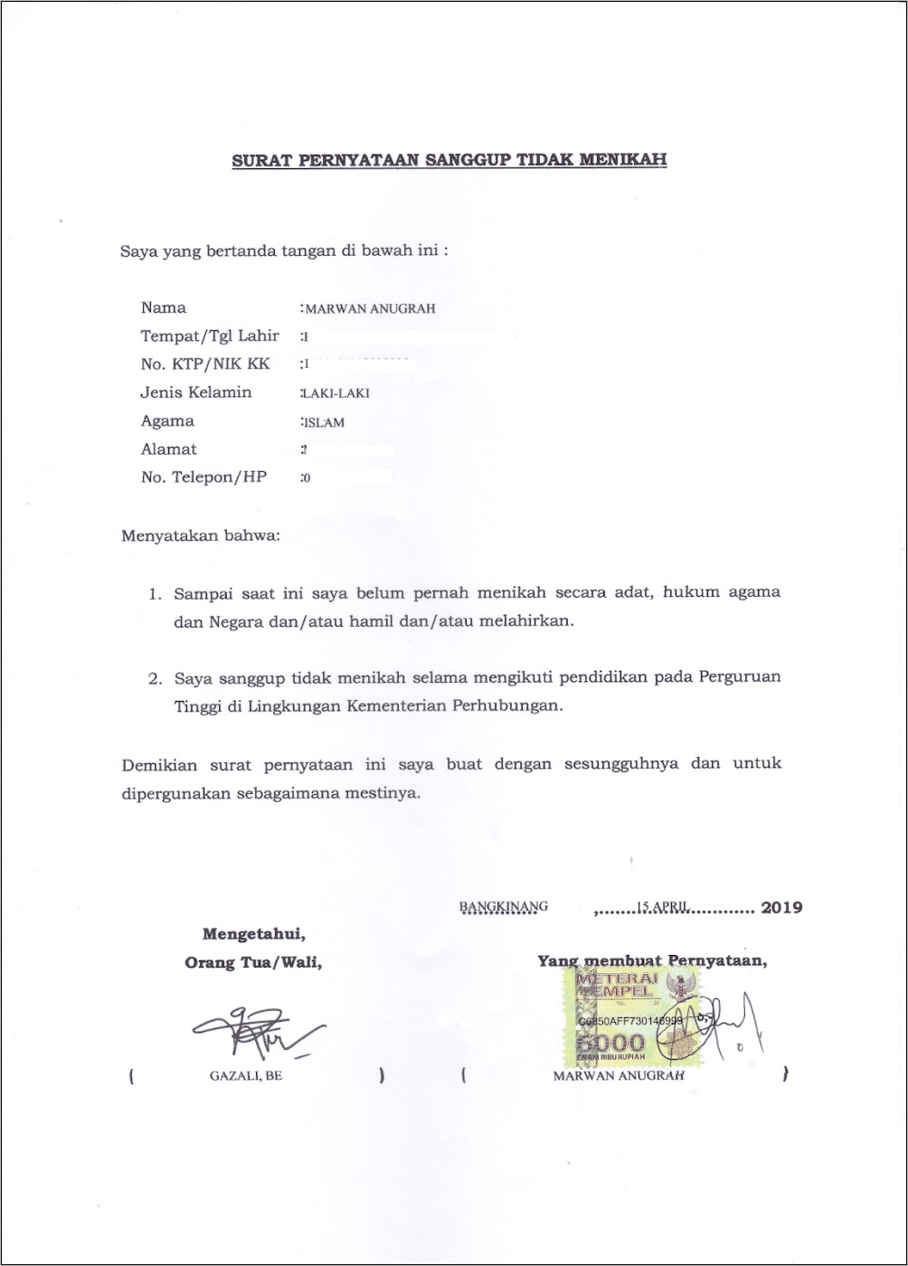 Contoh Surat Perjanjian Tunangan