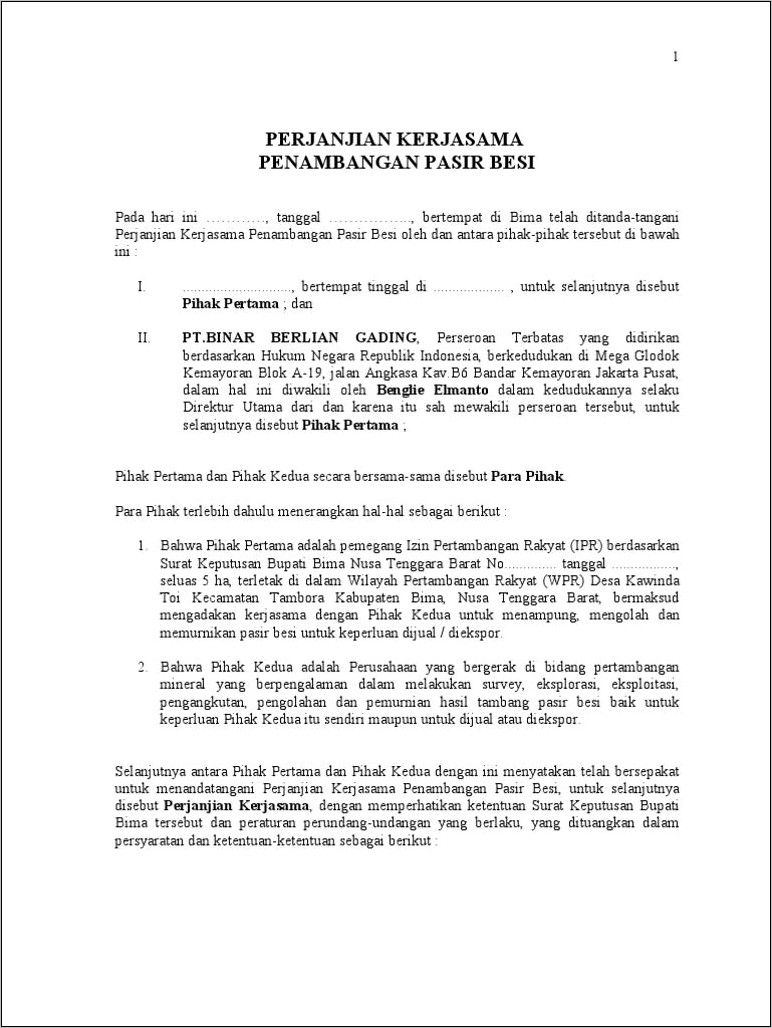 Contoh Surat Perjanjian Usaha Patungan