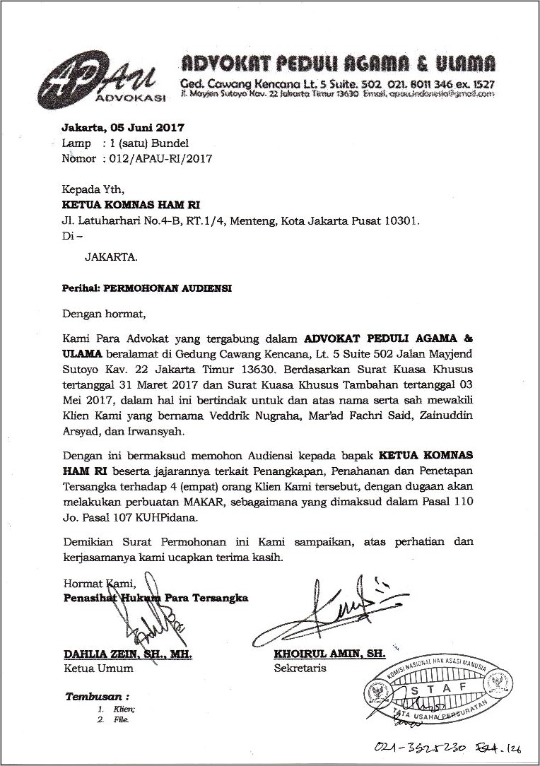 Contoh Surat Permohonan Audiens Dengan Komnas Ham Ri