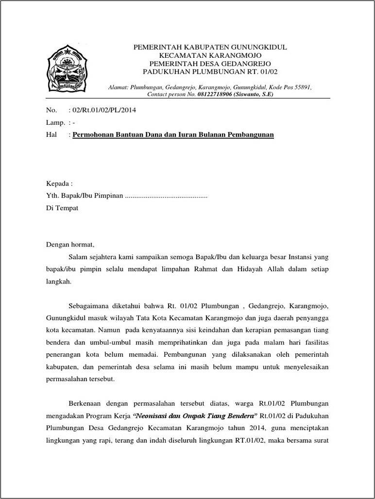 Contoh Surat Permohonan Bantuan Dana Pembangunan Jalan Rt