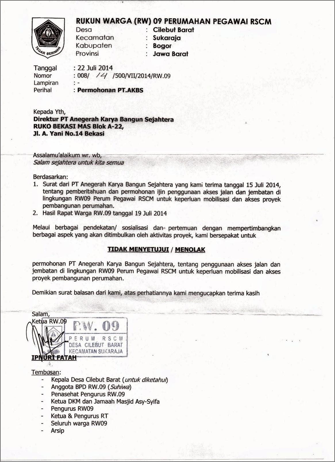 Contoh Surat Permohonan Bantuan Dana Penerangan Jalan Rt