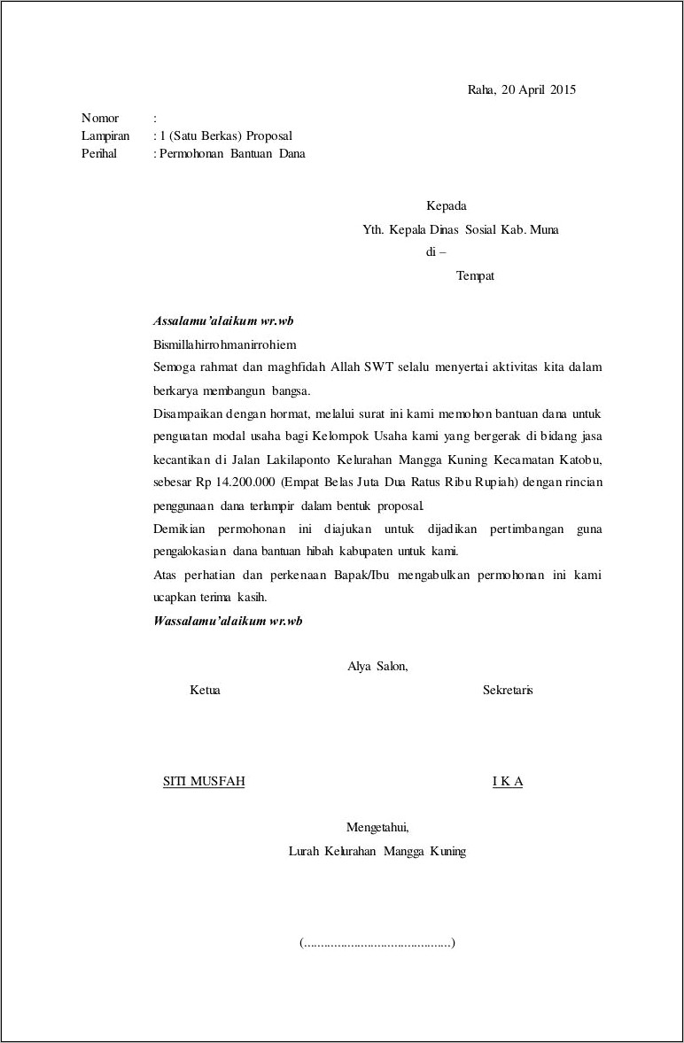 Contoh Surat Permohonan Bantuan Dana Sosial Di Ke Pengurusan Rt