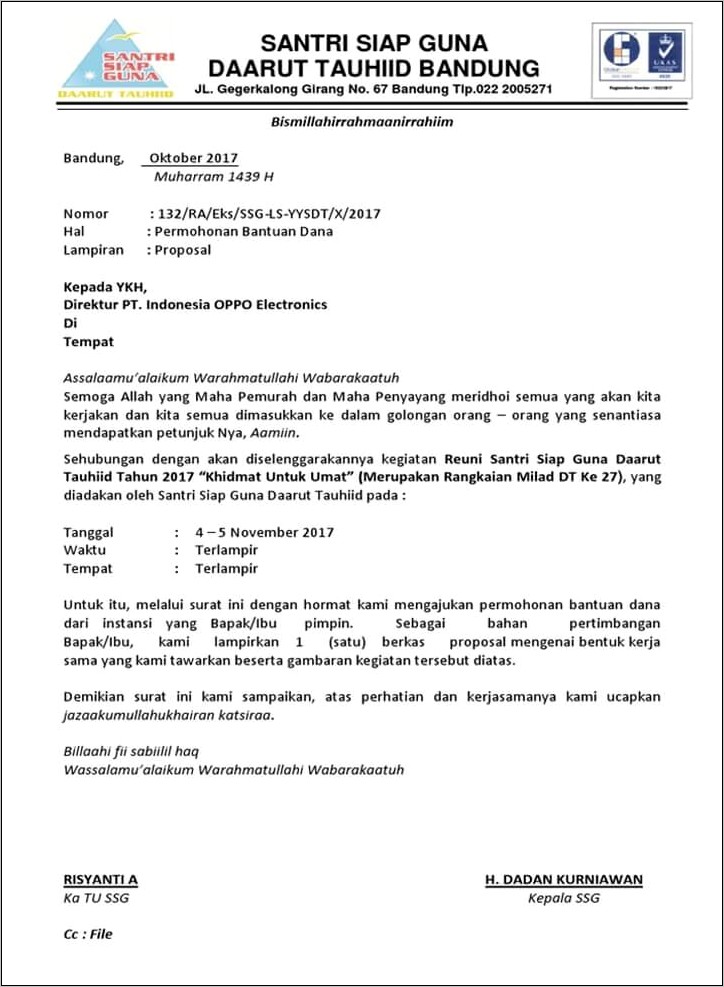 Contoh Surat Permohonan Bantuan Dana Tour